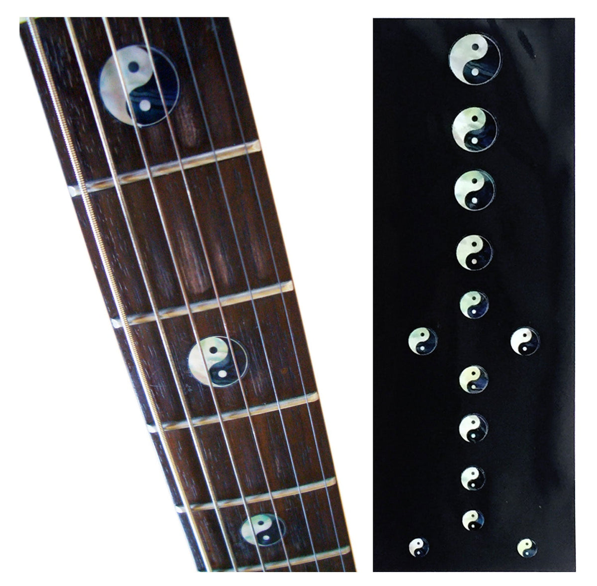 Guitar fretboard with yin yang dot inlays