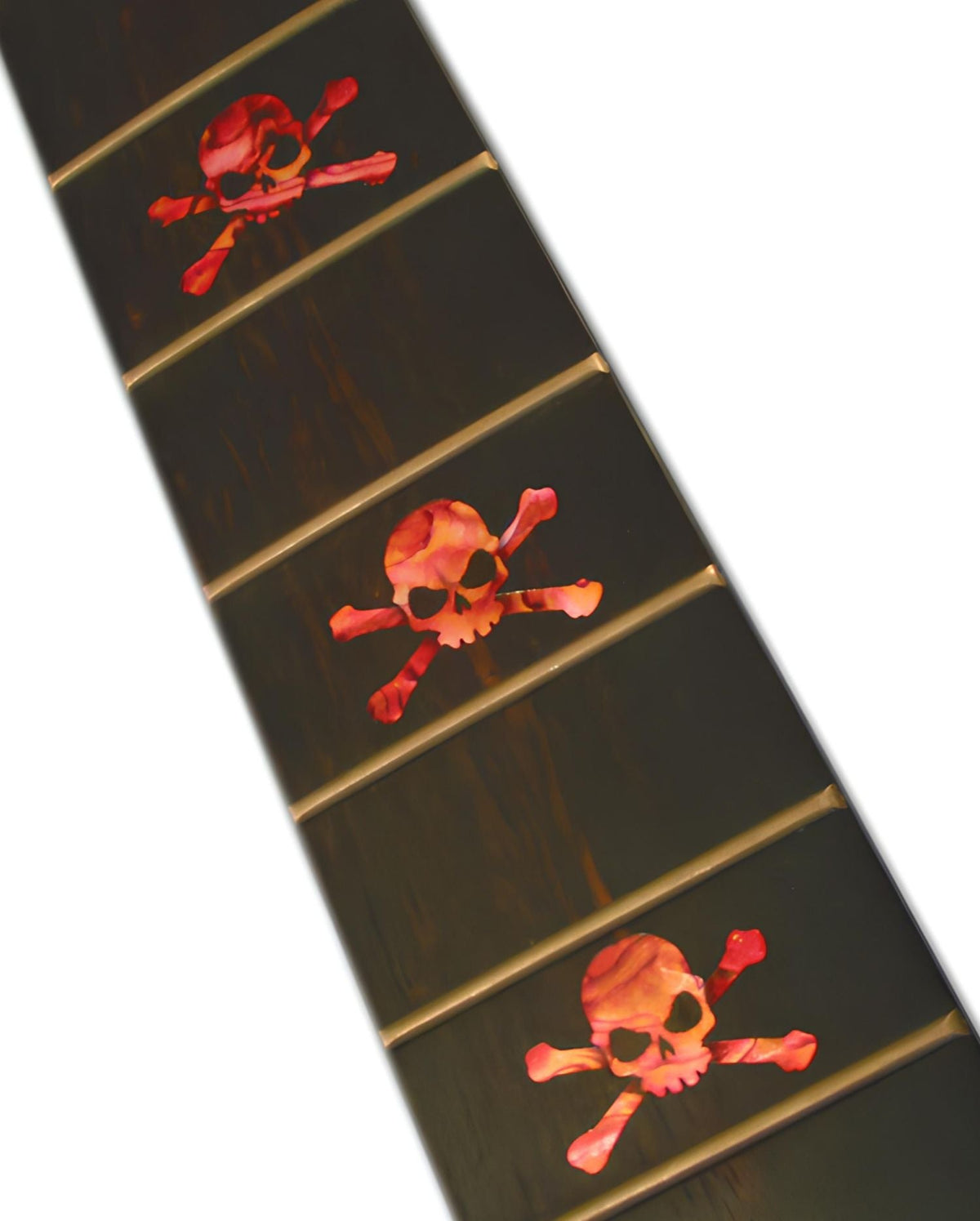 Guitar fretboard with red skull and crossbones inlay sticker decal