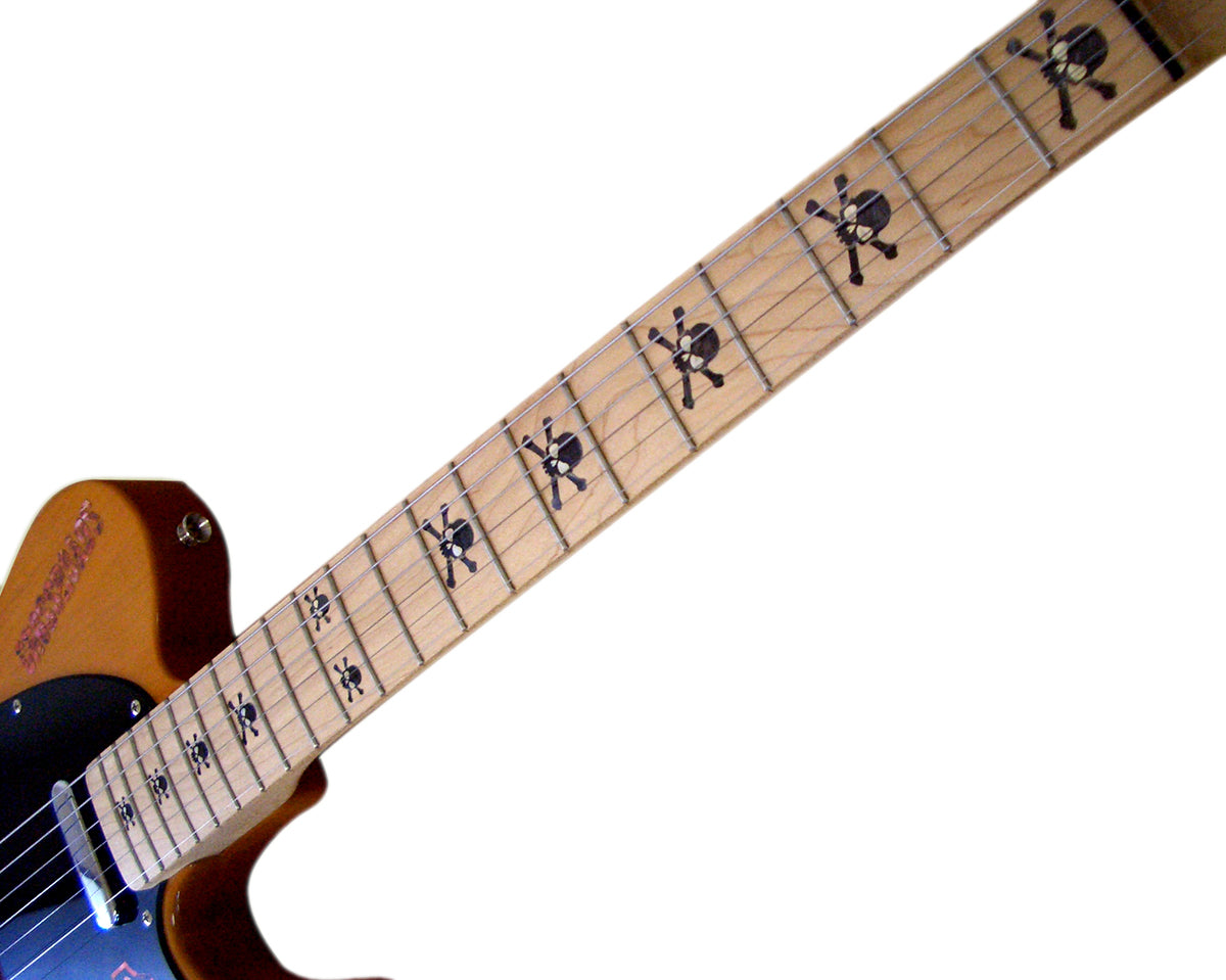Guitar neck with skull and crossbones inlays