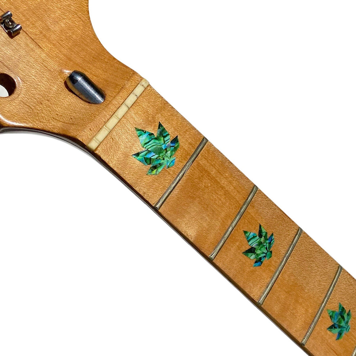 Abalone Green Cannabis Leaf Inlay Stickers applied on a Maple fretboard
