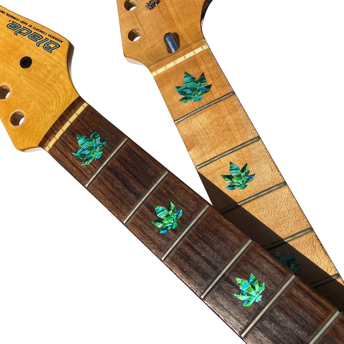 Comparison of Abalone Green Inlay Stickers on Rosewood and Maple fretboards