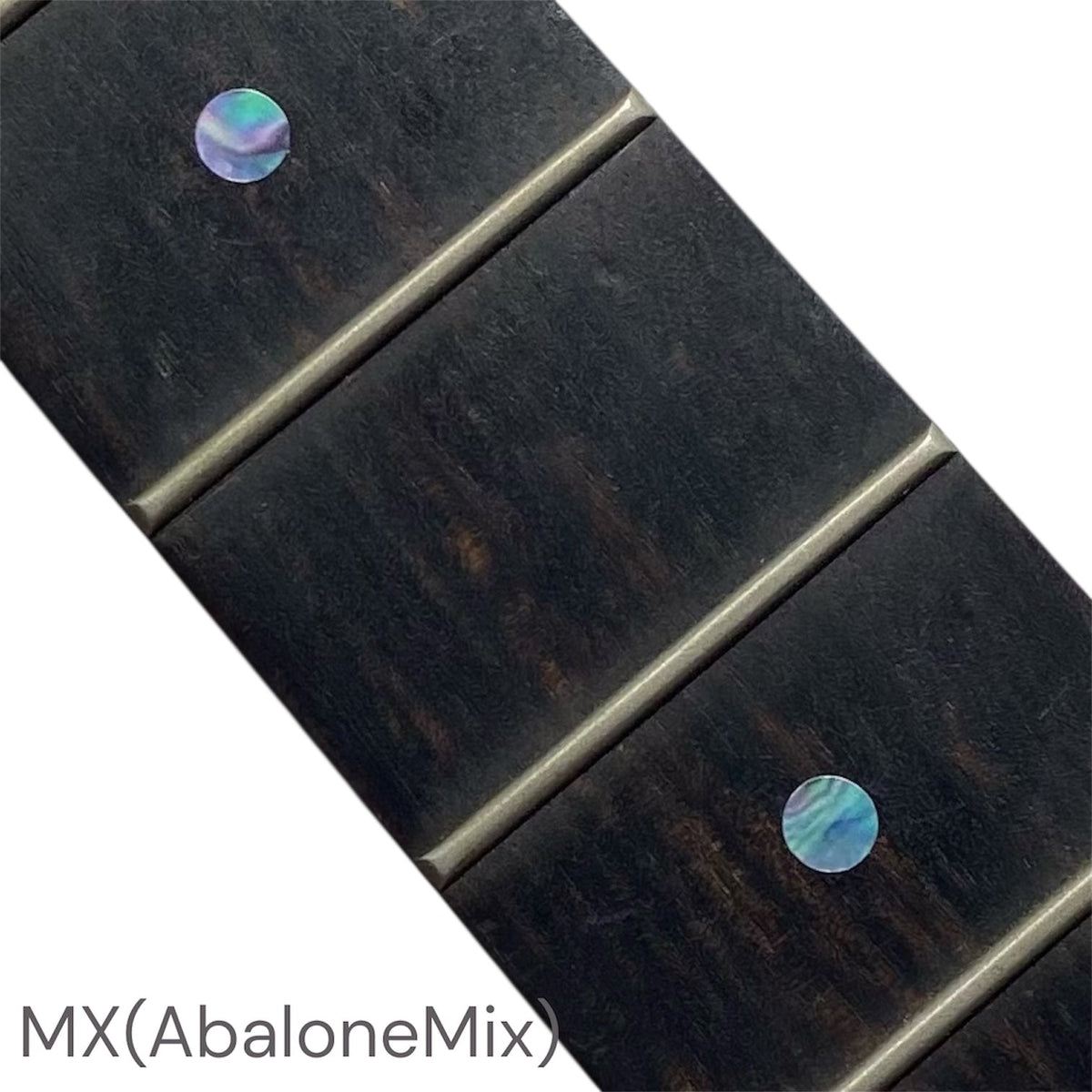 Close-up of a guitar fretboard with abalone mix dot inlay stickers