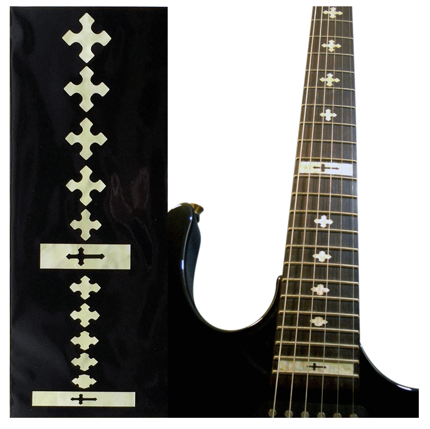 Gothic cross fret marker stickers with pointed cross motifs for conceal existing dot markers and block-style markers for 12th and 24th fret featuring cross cutout designs.