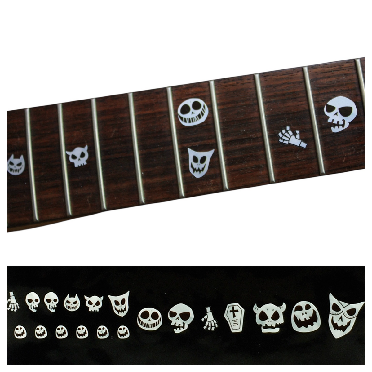 Nightmare before Christmas style Skull fret markers for both electric and acoustic guitars