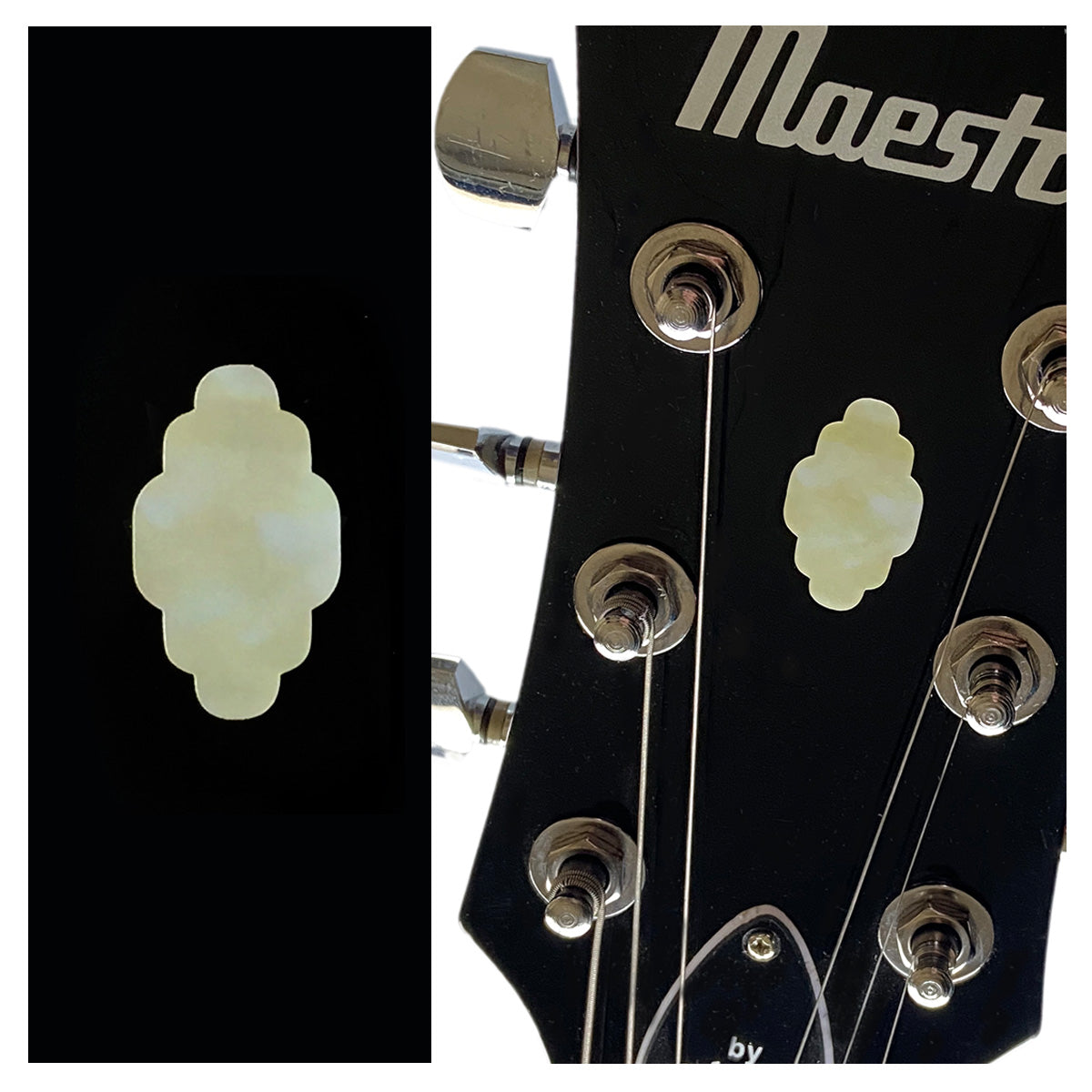 Cloud-shaped headstock decal with a vintage acoustic-style inlay look