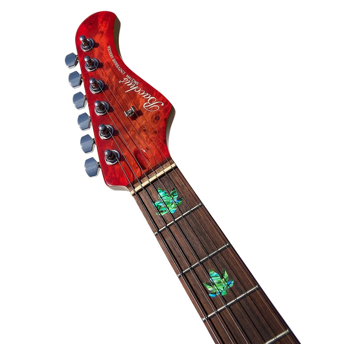 Abalone Green Cannabis Leaf Inlay Stickers applied on a Rosewood fretboard